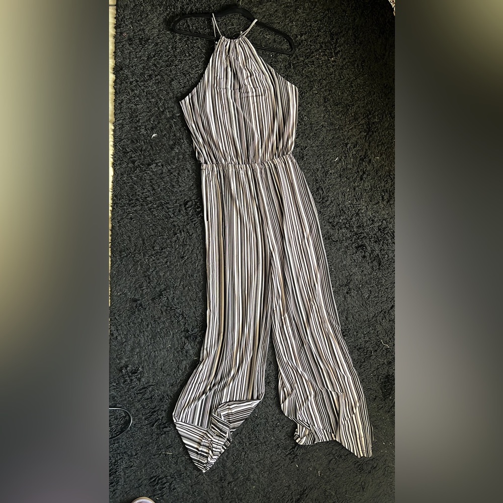 Wide leg, black and white striped halter with tieback jumpsuit